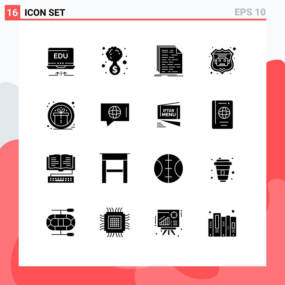 16 Universal Solid Glyphs Set for Web and Mobile Applications gift web code robot database script Editable Vector Design Elements