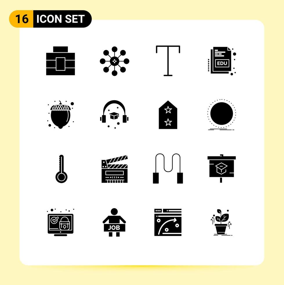 paquete de 16 signos y símbolos de glifos sólidos modernos para medios de impresión web, como elementos de diseño de vectores editables de educación alimentaria de fuente de avellana cap