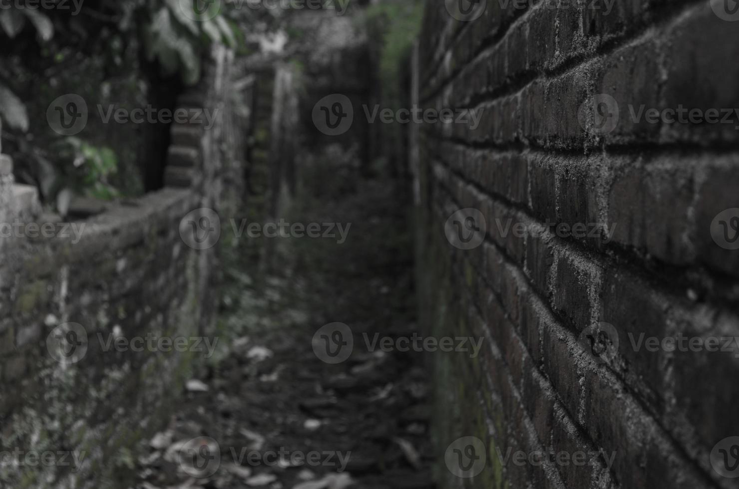 Long hallway with collapsed walls. Scary old alley. Black and white concept. The wall aisle is almost collapsed and mossy with a black and white concept that looks scary and scary. photo