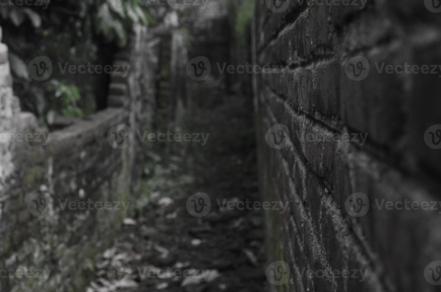 Long hallway with collapsed walls. Scary old alley. Black and white concept. The wall aisle is almost collapsed and mossy with a black and white concept that looks scary and scary. photo