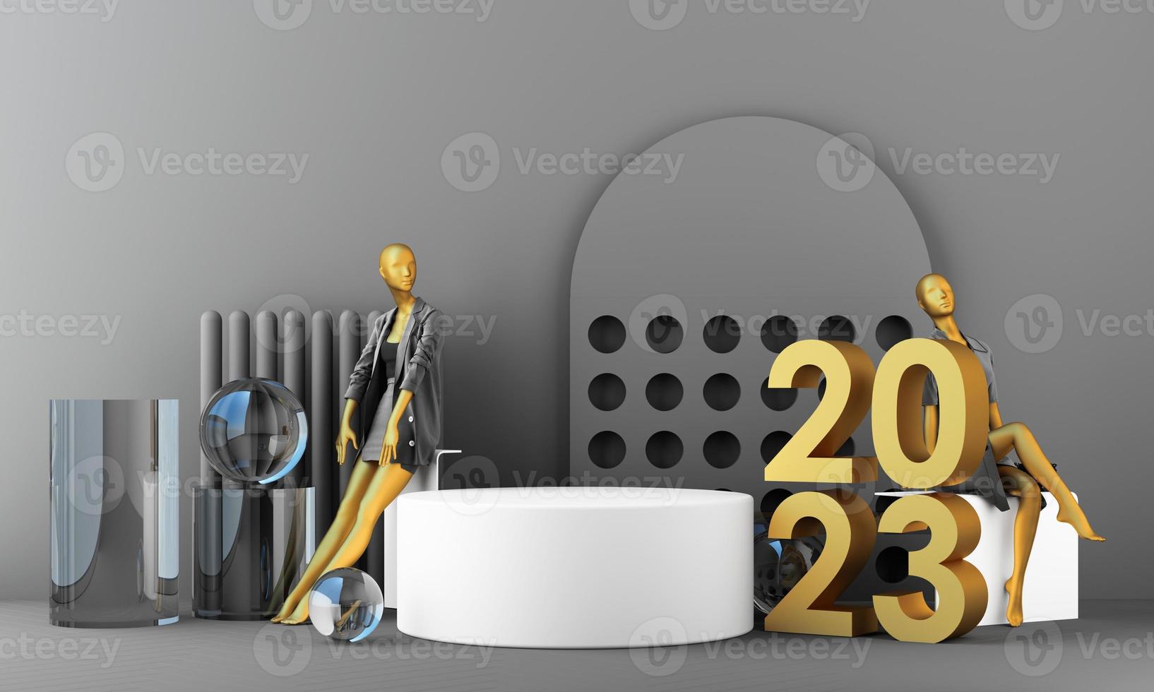 Letters gold texture of 2023 in the concept of New Year, white marble color tones, surrounded by geometric shapes for displaying the products and gift boxes with transparent balls. 3d rendering photo