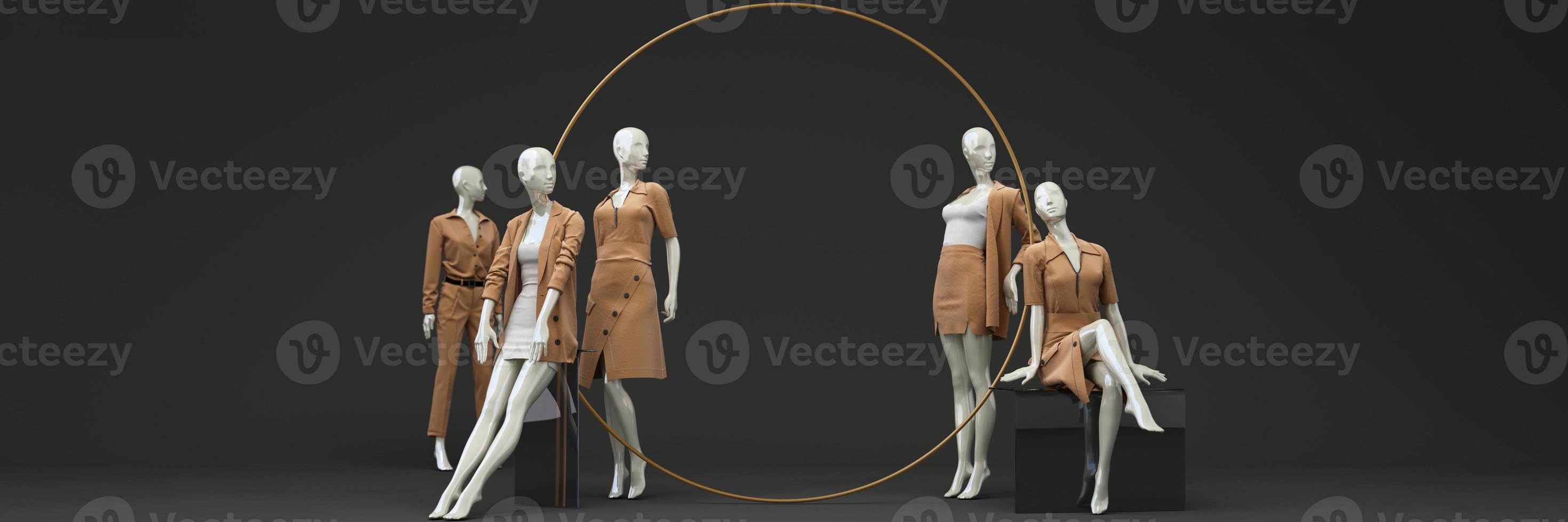 Statue of model mannequin in gold for showcasing fashion formal clothes in an abstract concept. on stone pallet geometric product stand. isolate on black background with promotion sale. 3d rendering photo