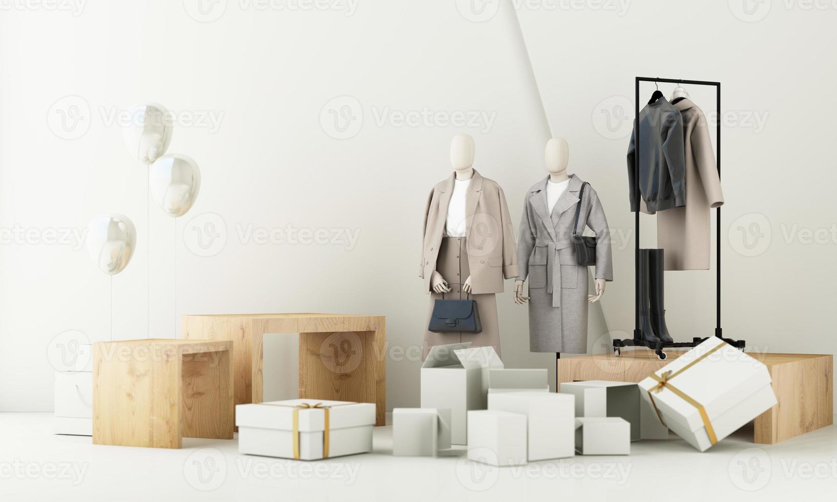 Fashion lifestyle concept Mannequins with space for promotional advertisements on sales and podiums. product show stand and geometric shape. on white background. 3d rendering photo