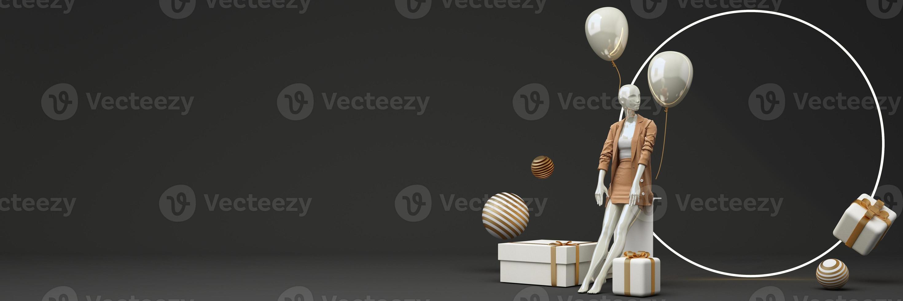 Statue of model mannequin in gold for showcasing fashion formal clothes in an abstract concept. on stone pallet geometric product stand. isolate on black background with promotion sale. 3d rendering photo