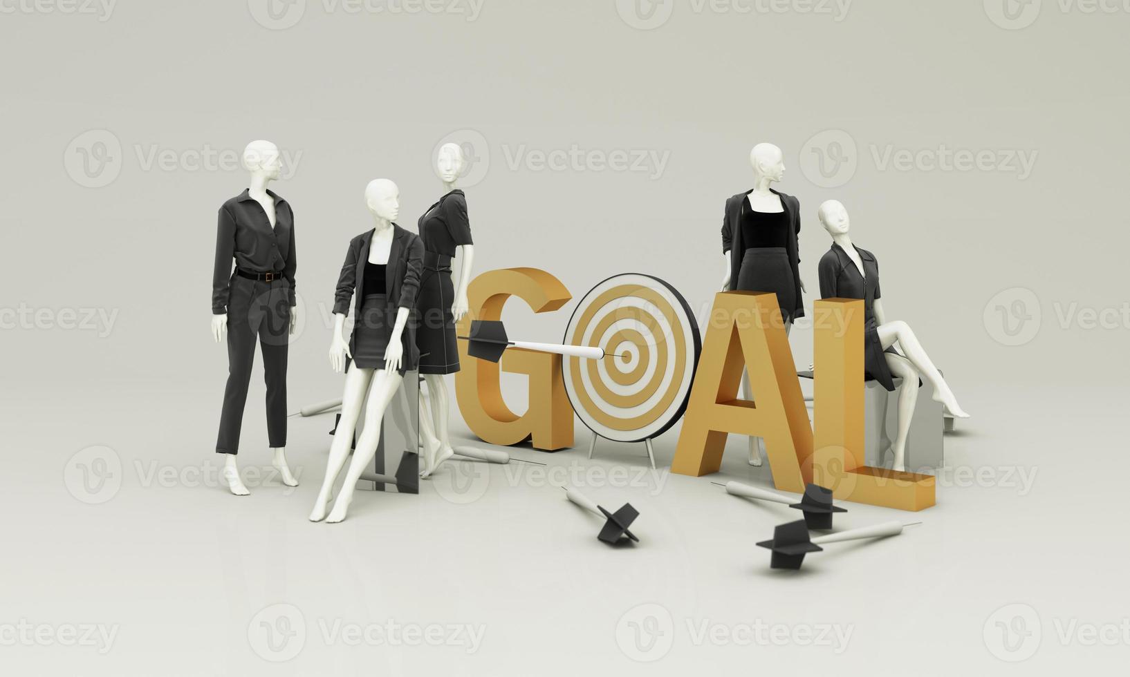 Setting business goals to have a vision and a way to succeed with teamwork. Target landing page, It consists of a mannequin wearing formal dress. on a white background. banner business. 3d rendering photo