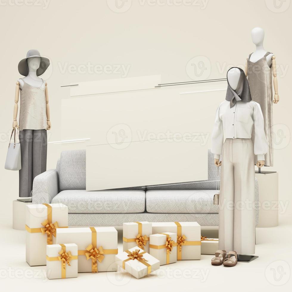 Fashion lifestyle concept Mannequins with space for promotional advertisements on sales and podiums. product show stand and geometric shape. on background. 3d rendering photo