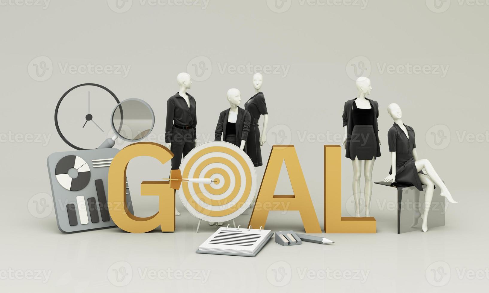 Setting business goals to have a vision and a way to succeed with teamwork. Target landing page, It consists of a mannequin wearing formal dress. on a white background. banner business. 3d rendering photo