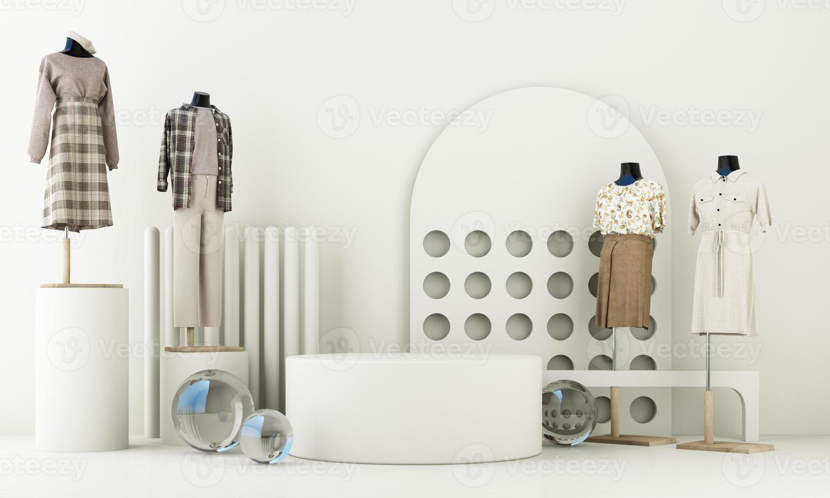 Fashion lifestyle concept Mannequins with space for promotional advertisements on sales and podiums. product show stand and geometric shape. on white background. 3d rendering photo