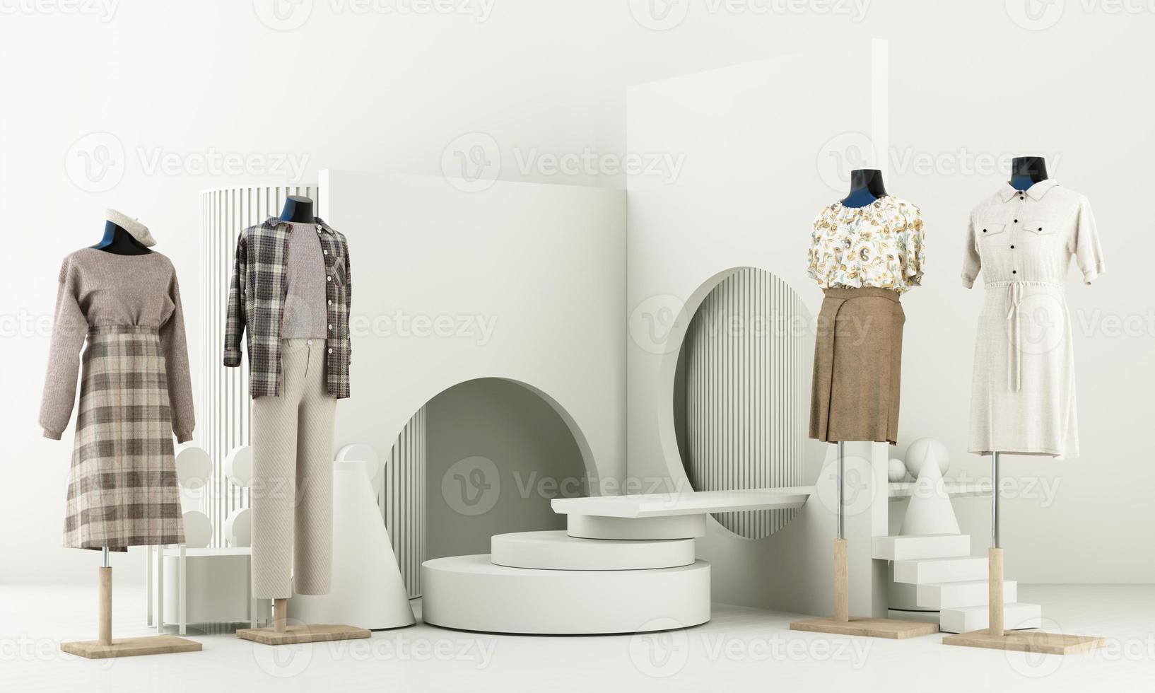 Fashion lifestyle concept Mannequins with space for promotional advertisements on sales and podiums. product show stand and geometric shape. on white background. 3d rendering photo