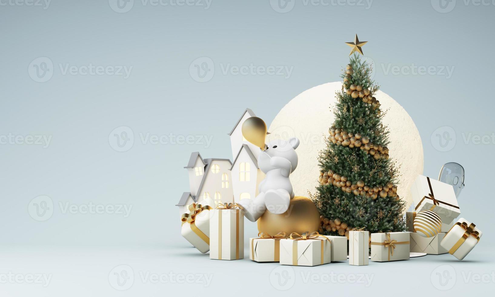 happy new year and merry Christmas winter old town street. Full moon and surrounded by clouds christmas tree and a golden gift box with polar bear. Bright Winter holiday composition. 3d rendering photo