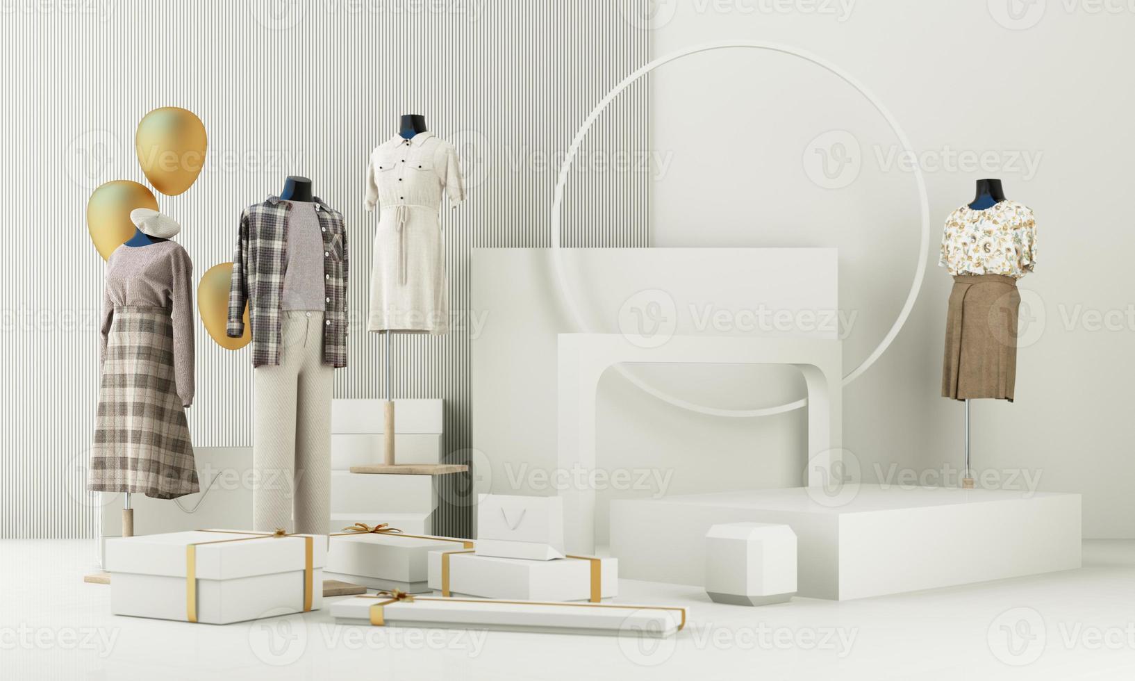 Fashion lifestyle concept Mannequins with space for promotional advertisements on sales and podiums. product show stand and geometric shape. on white background. 3d rendering photo
