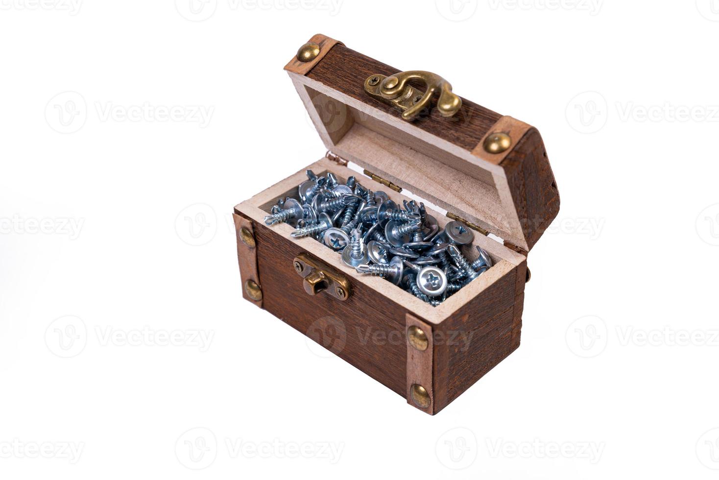 Wooden chest box for metal bolts, screws and nuts close up, metal self-tapping screws made of steel, self-tapping screw for metal, for iron, chrome-plated self-tapping screw, photo