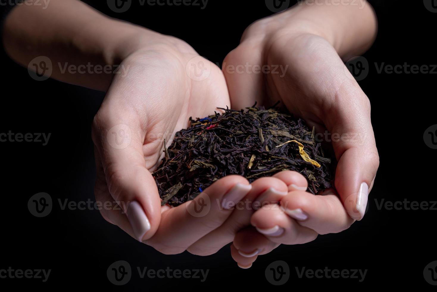 hermosas manos femeninas sostienen té crudo sin elaborar y se ofrecen a probarlo. hoja de té seca en la mano. té con aditivos de bergamota aislado en negro foto