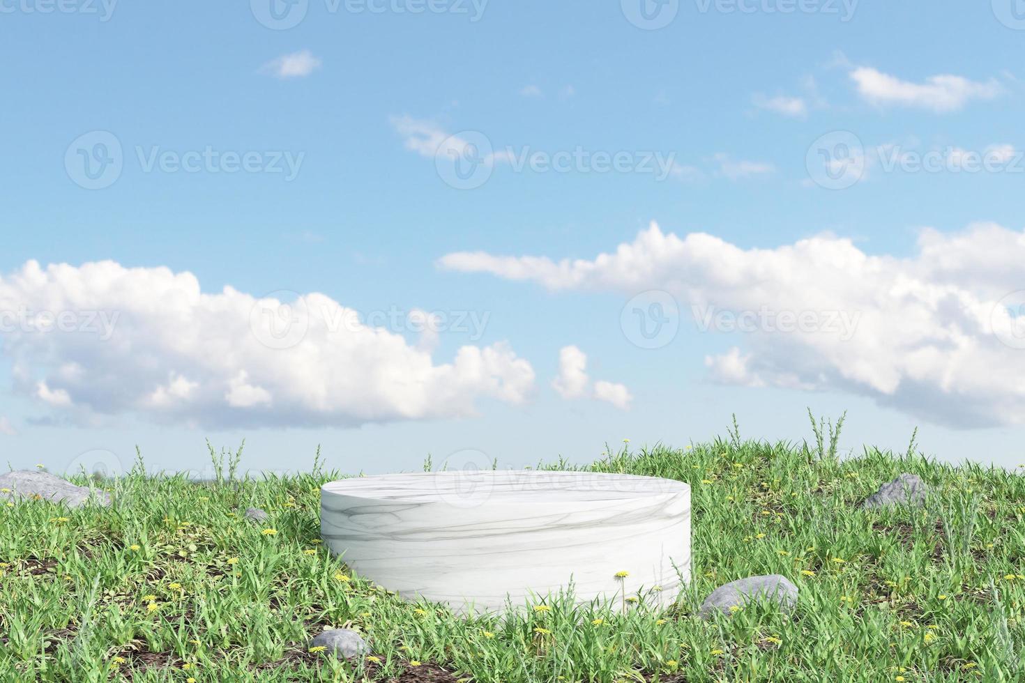 Marble podium backdrop with grass field and sky background photo