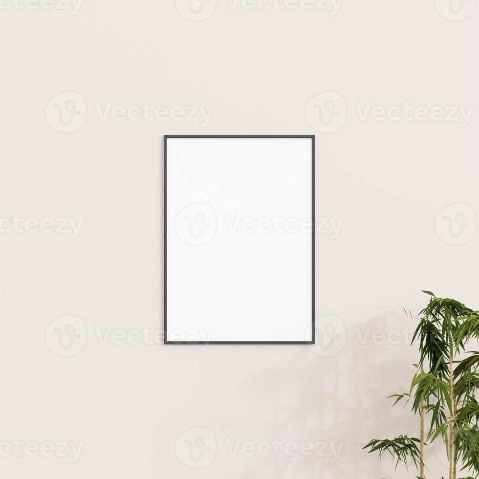 Minimal frame mockup on white wall with plant. Poster mockup. Clean, modern, minimal frame. 3d rendering. photo