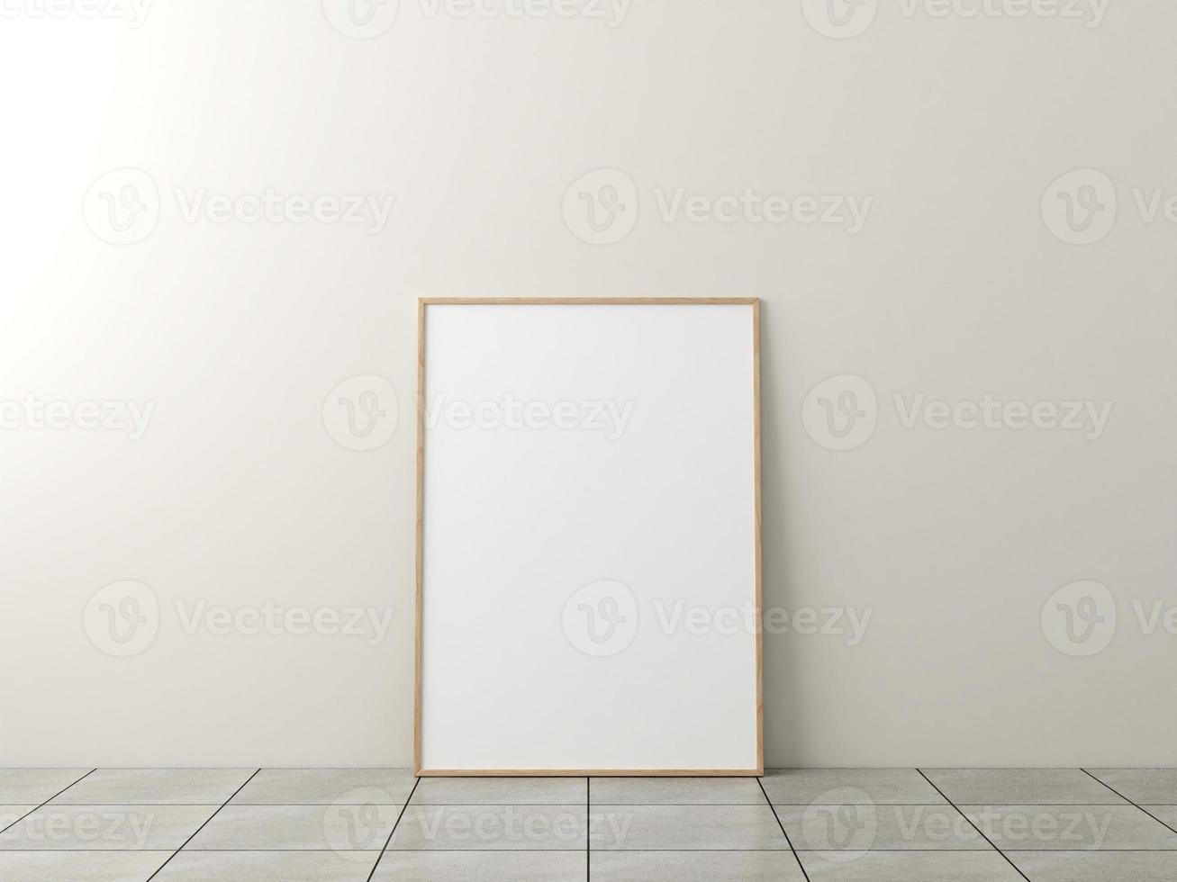 Photo frame mockup. Frame poster on marble floor with white wall. 3d rendering.