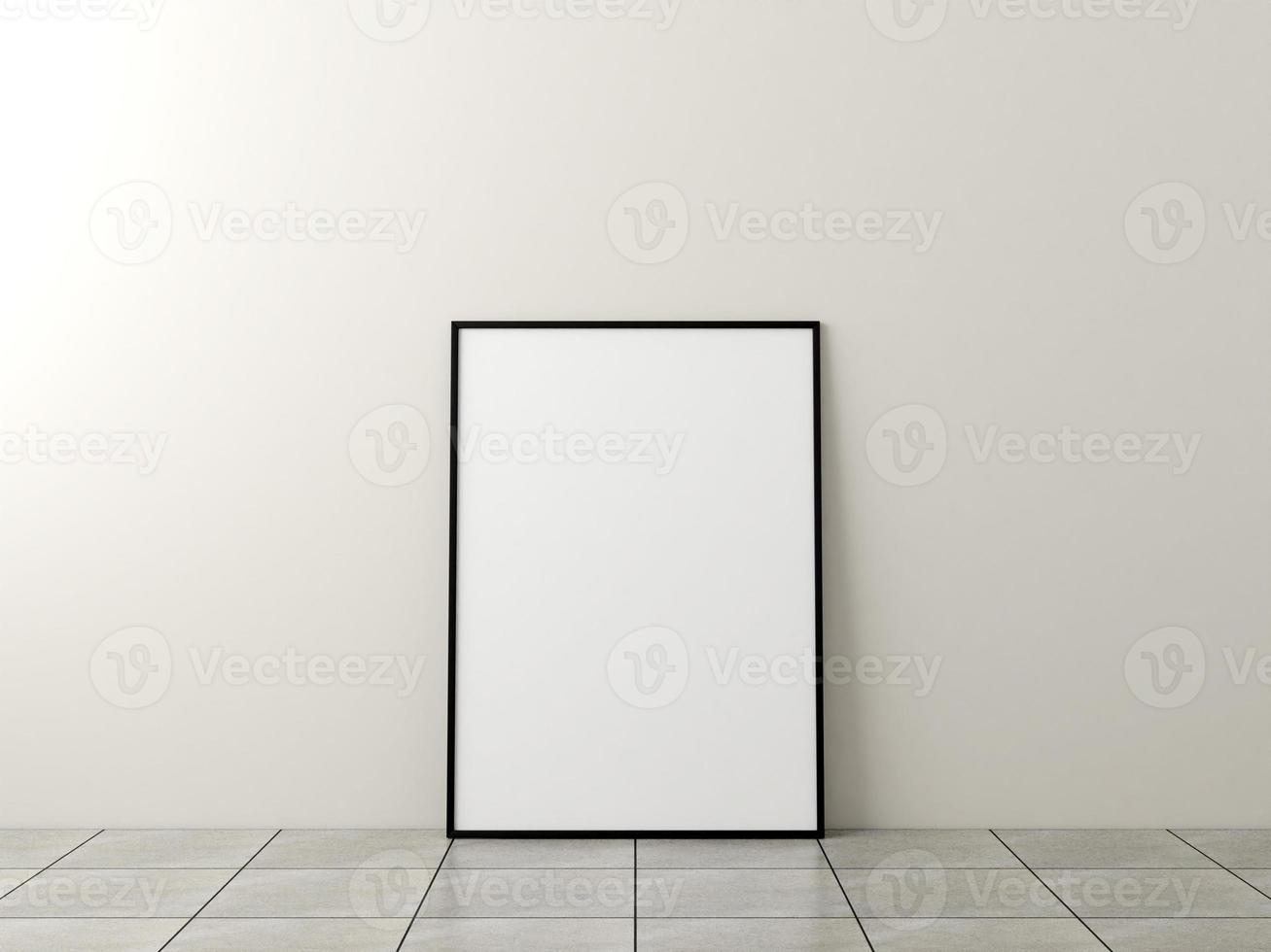 Photo frame mockup. Frame poster on marble floor with white wall. 3d rendering.