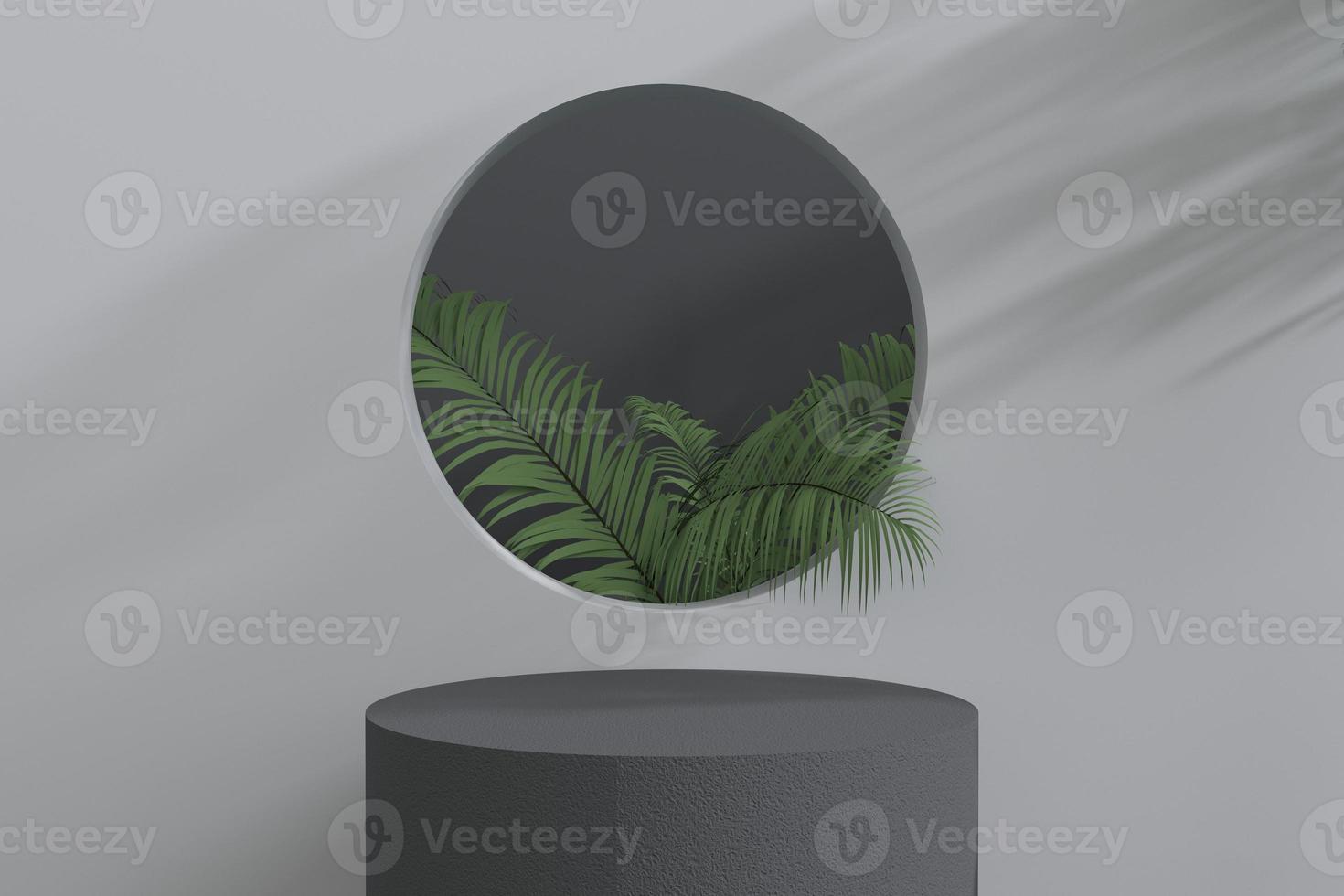 3D Rounded podium with circle window and Palm leaves inside photo
