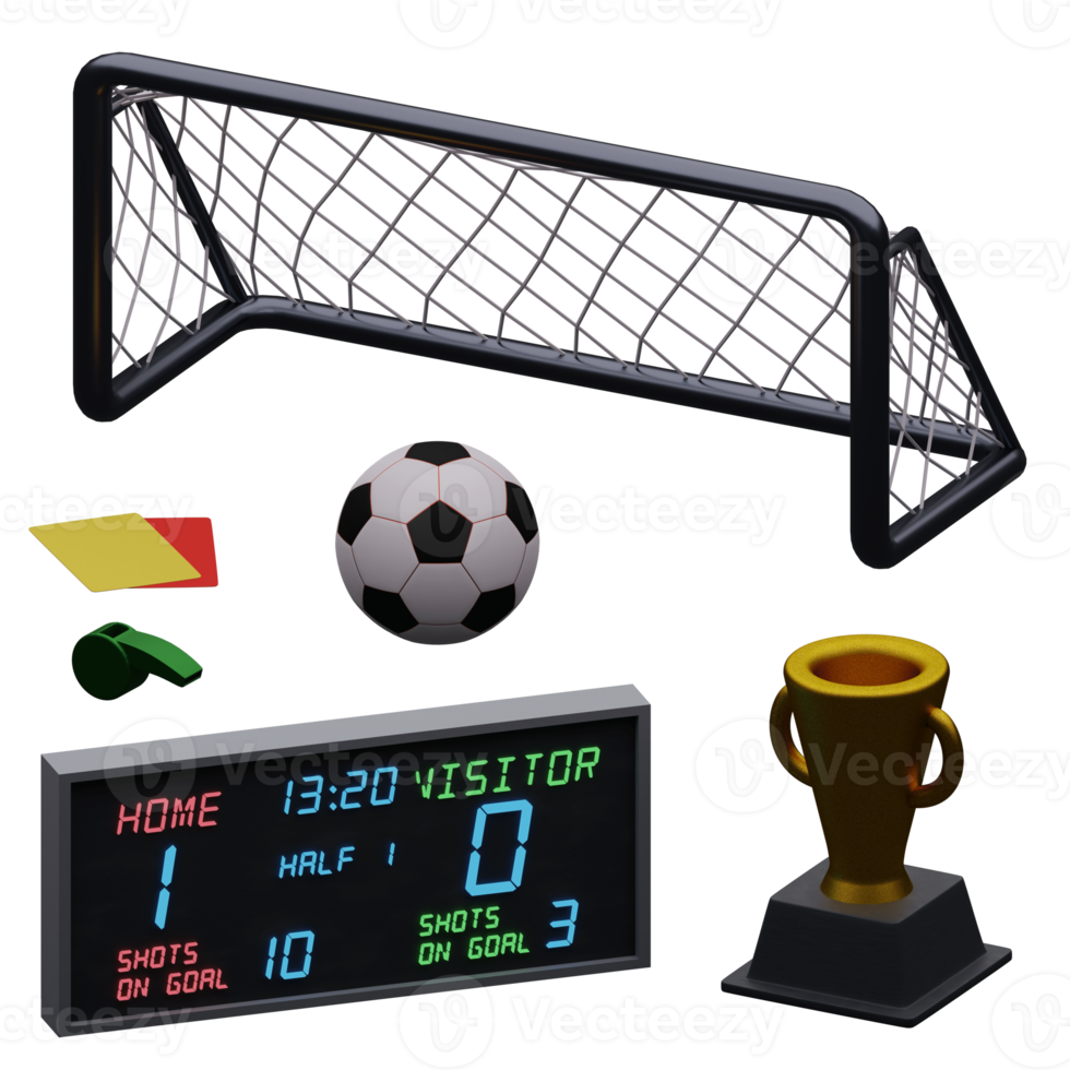 3d rendered soccer set includes soccer ball, trophy, goal, whistle, yellow red card perfect for design project png