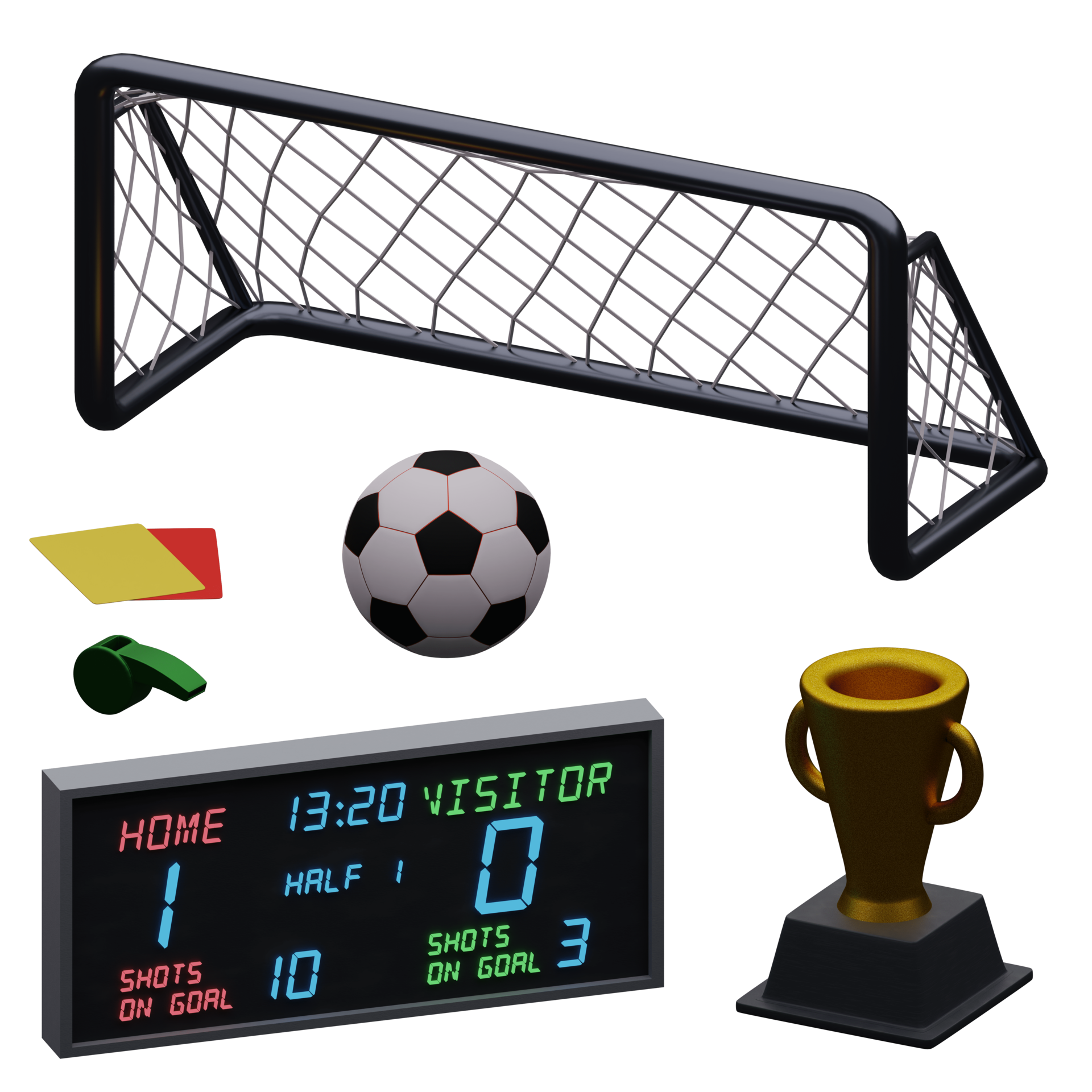 3d rendered soccer set includes soccer ball, trophy, goal, whistle