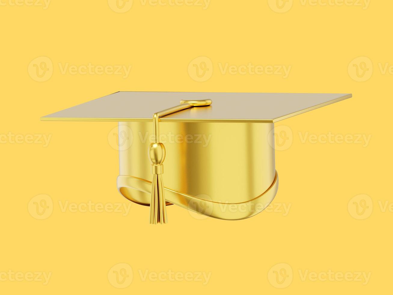 Graduate cap. Mortar board for a student at a university, school, college. 3D rendering. Realistic gold icon on yellow background photo