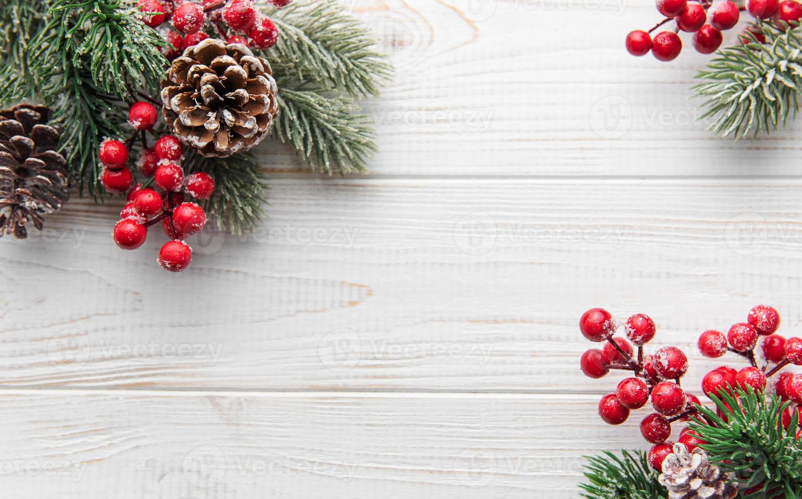 Fir Tree Decorations  On White wooden Backgrund With Copy Space photo