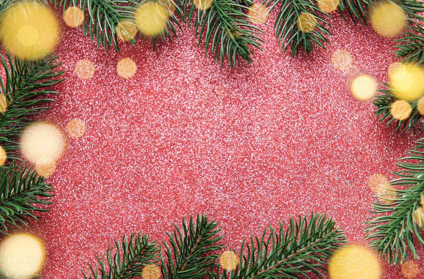 Christmas tree branches on a shiny red background. photo