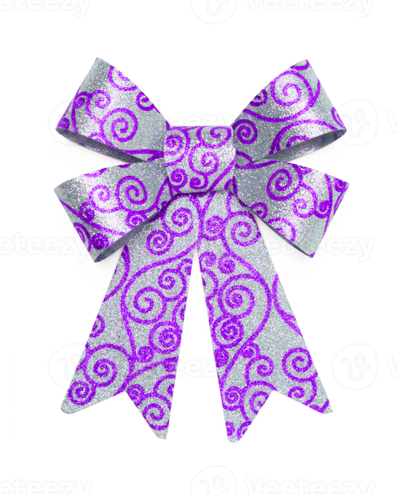 Transparent PNG Beautiful Bow with Silver Glitter and Purple Curly Design.