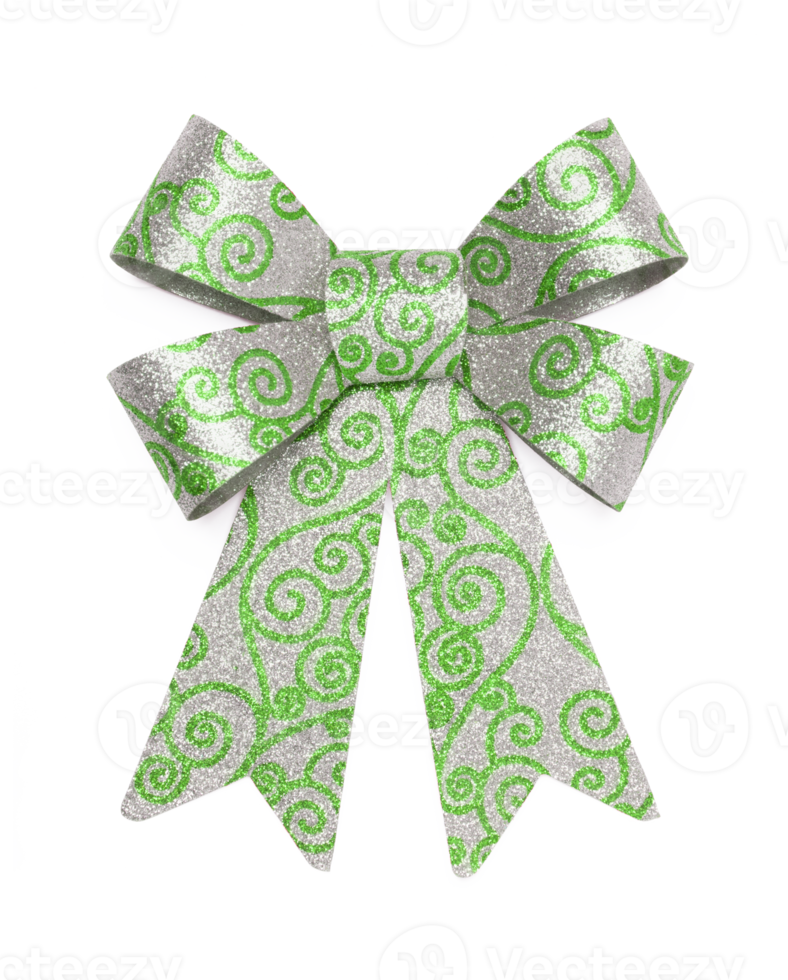 Transparent PNG Beautiful Bow with Silver Glitter and Green Curly Design.