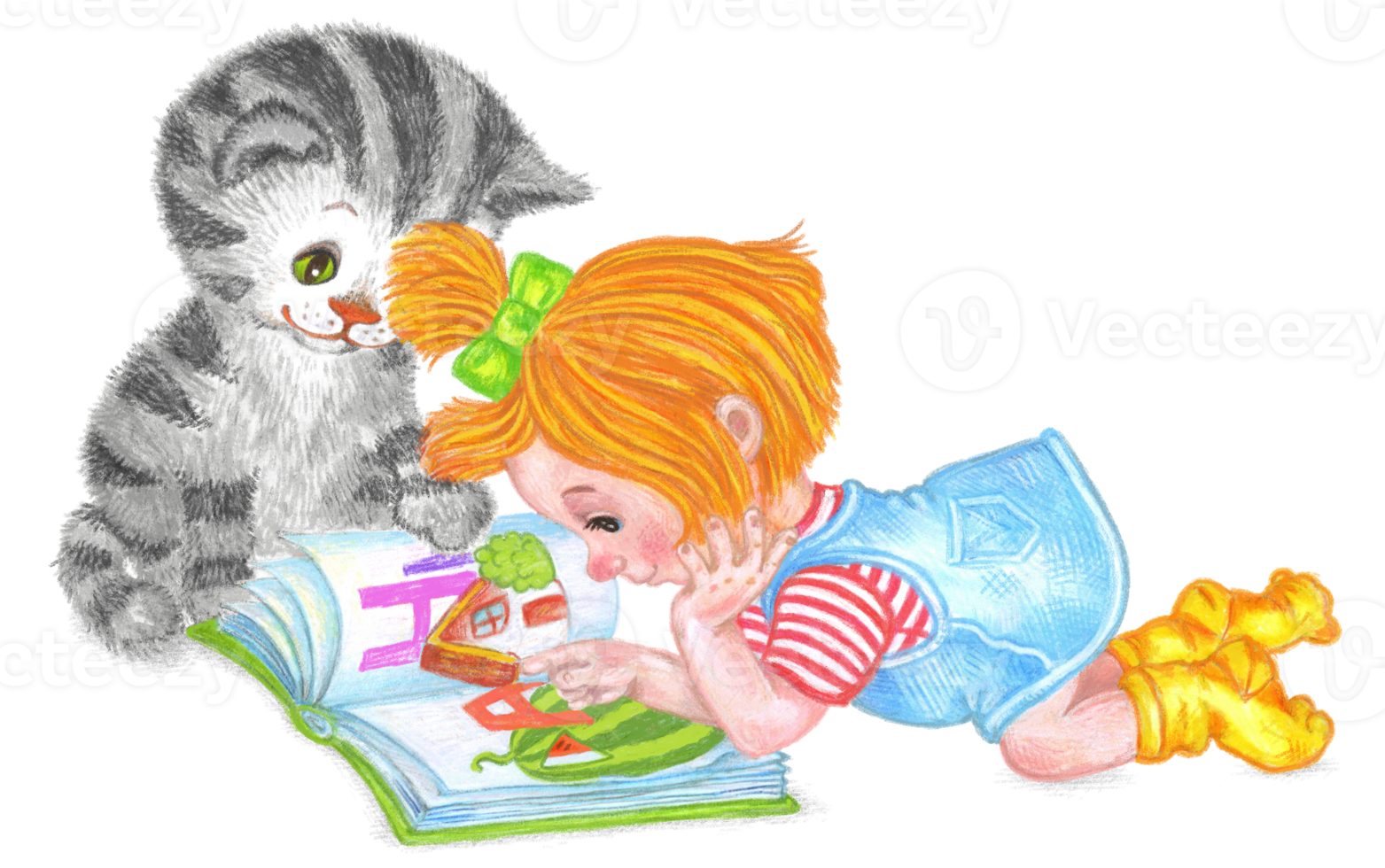 A little girl is reading a book lying on the floor. Her beloved cat is next to her. png