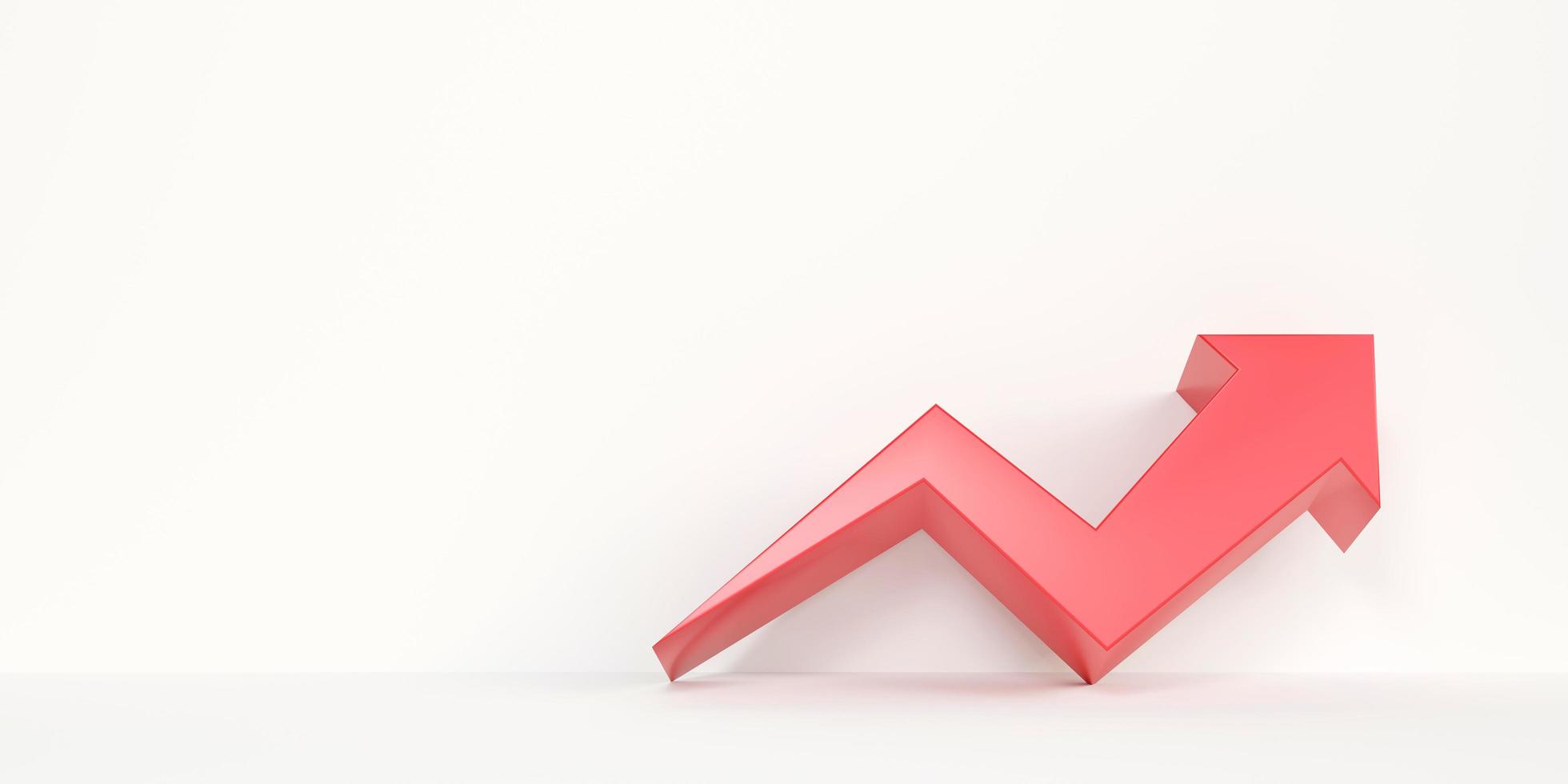 Red arrow graph on a white background. An increase in profits, and investment growth or a rising stock chart. with copy space. 3D rendering illustration photo
