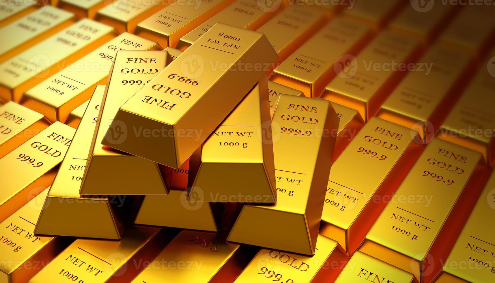 Gold Bullion, Fine Gold bars, gold treasury. Concept of banking, business, investment and exchange rates, Gold market. 3D render illustration photo