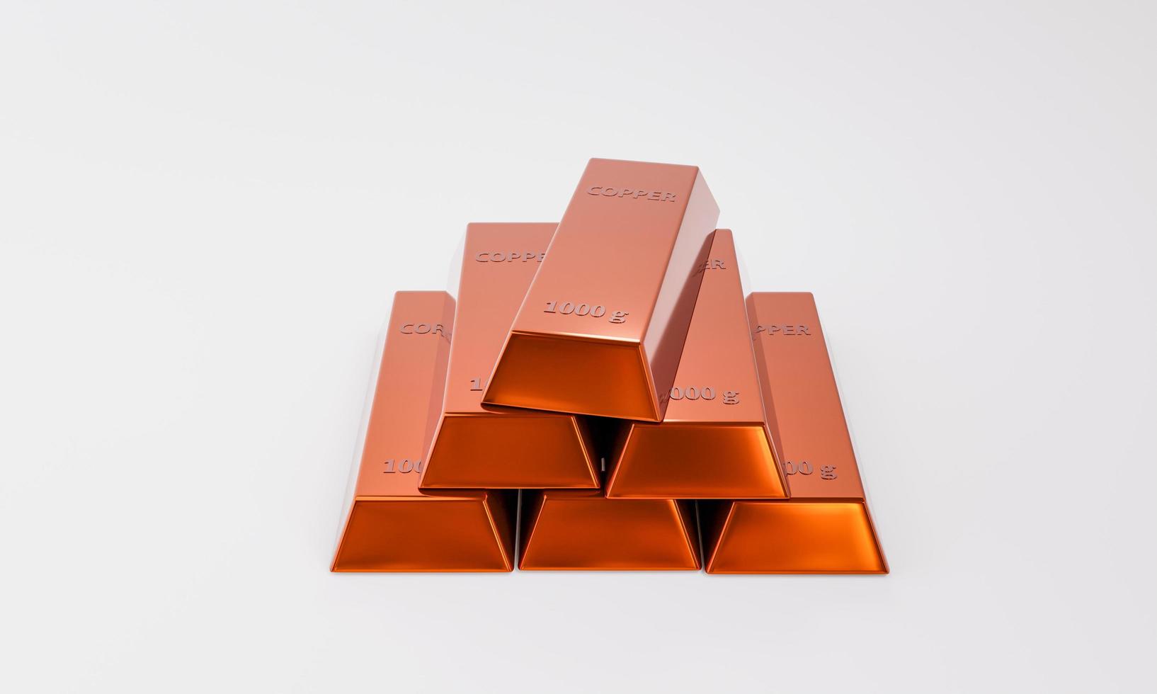 copper ingots on white background. Copper ore, copper price exchange rate on the world market. Minerals important to technology business. 3D render illustration photo