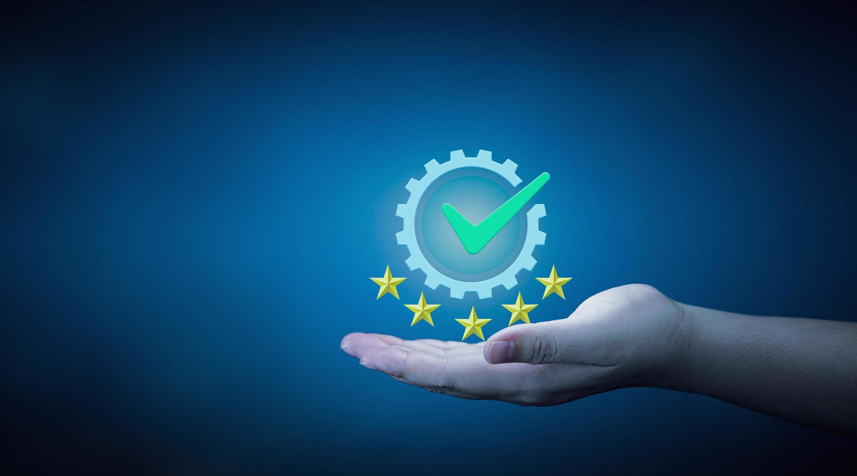 Hand holding checkmark option with five star rating. concept of Quality Control Assurance, Certification, and Assurance standards. ISO highest service quality mark photo