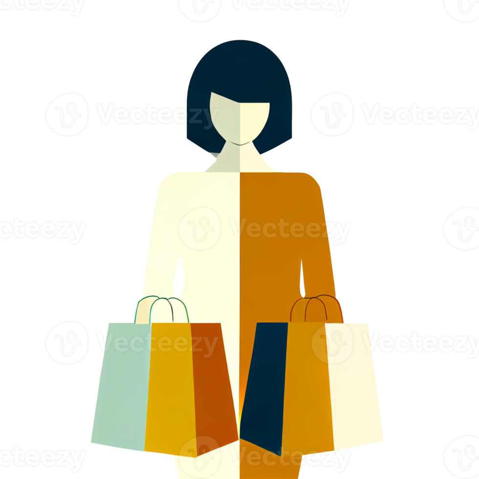 mujer plana sosteniendo bolsas de compras papel tapiz de dibujos animados. diseño moderno para el diseño de sitios web de compras en línea png