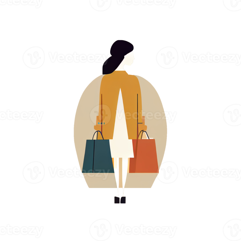 Flat woman holding shopping bags cartoon wallpaper. Modern design for shopping online Website design png