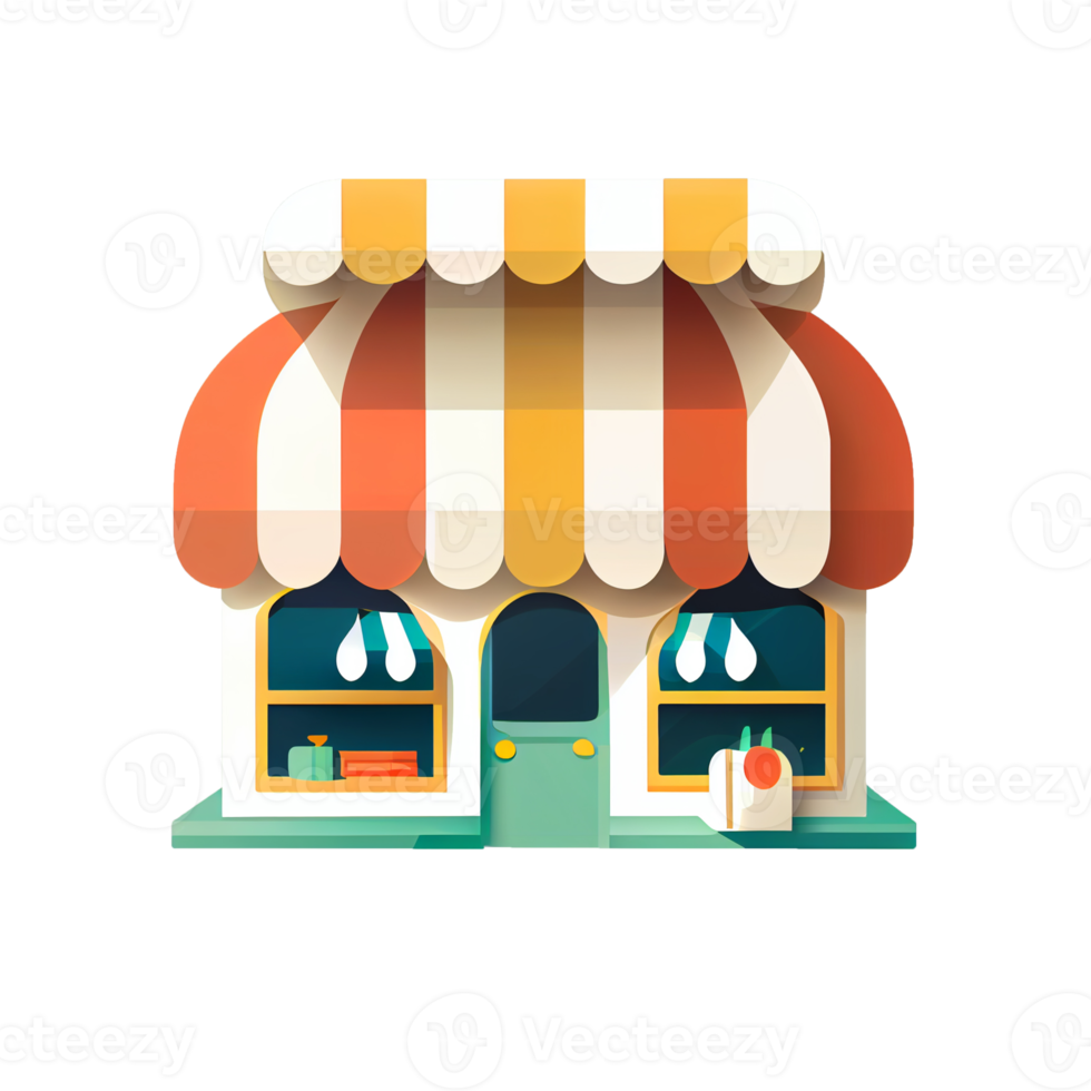 Flat cartoon style shop facade front view. Modern flat storefront or supermarket design. png