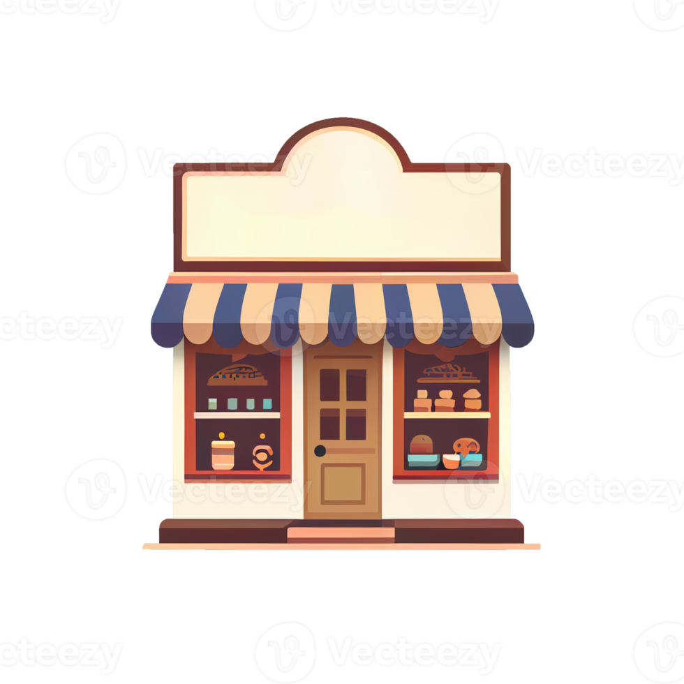 Flat cartoon style shop facade front view. Modern flat storefront or supermarket design. png