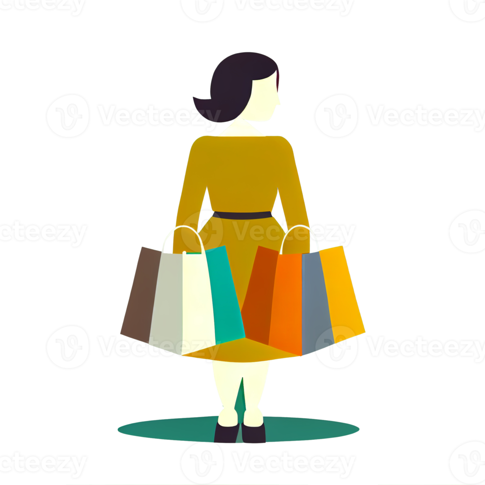 Flat woman holding shopping bags cartoon wallpaper. Modern design for shopping online Website design png