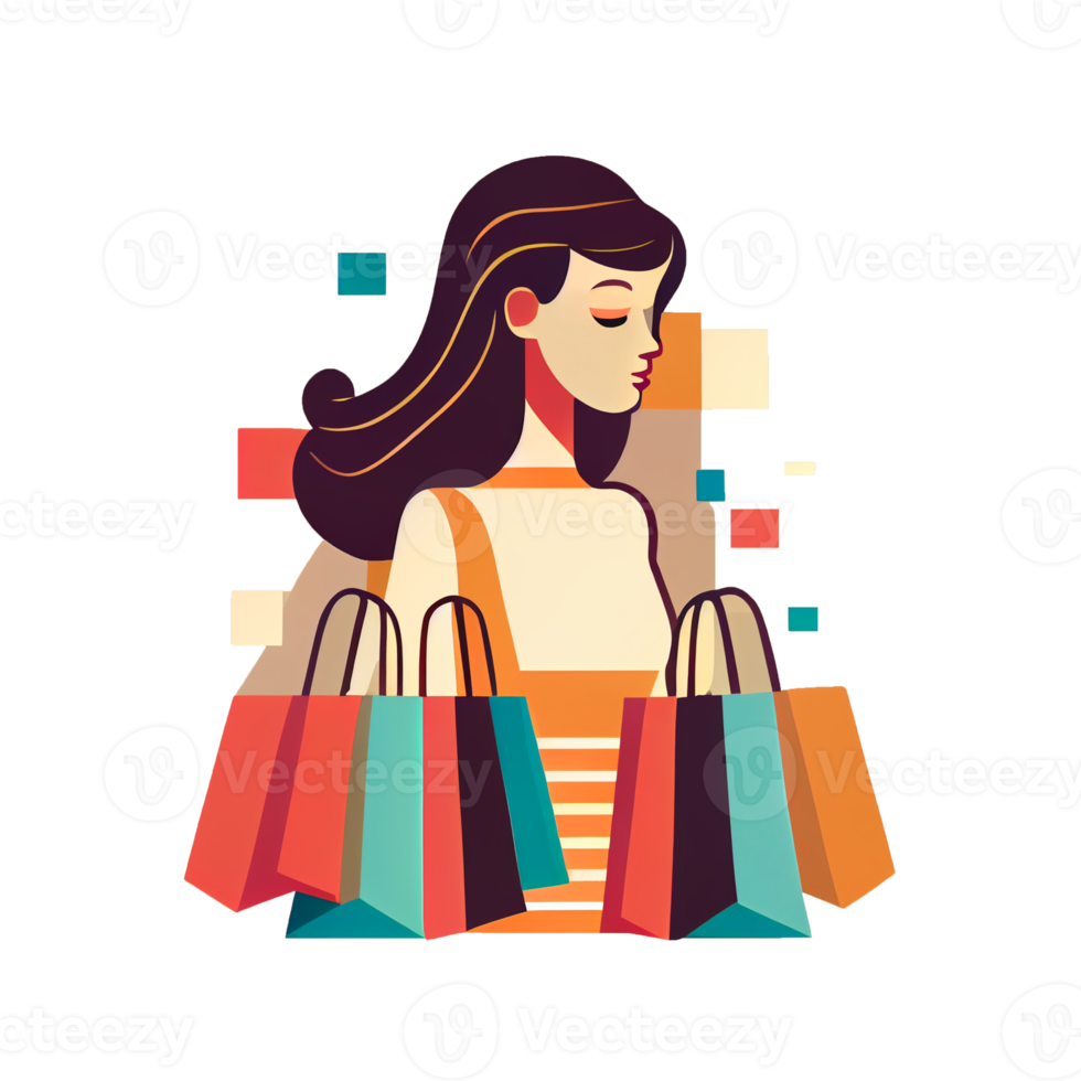 Flat woman holding shopping bags cartoon wallpaper. Modern design for shopping online Website design png