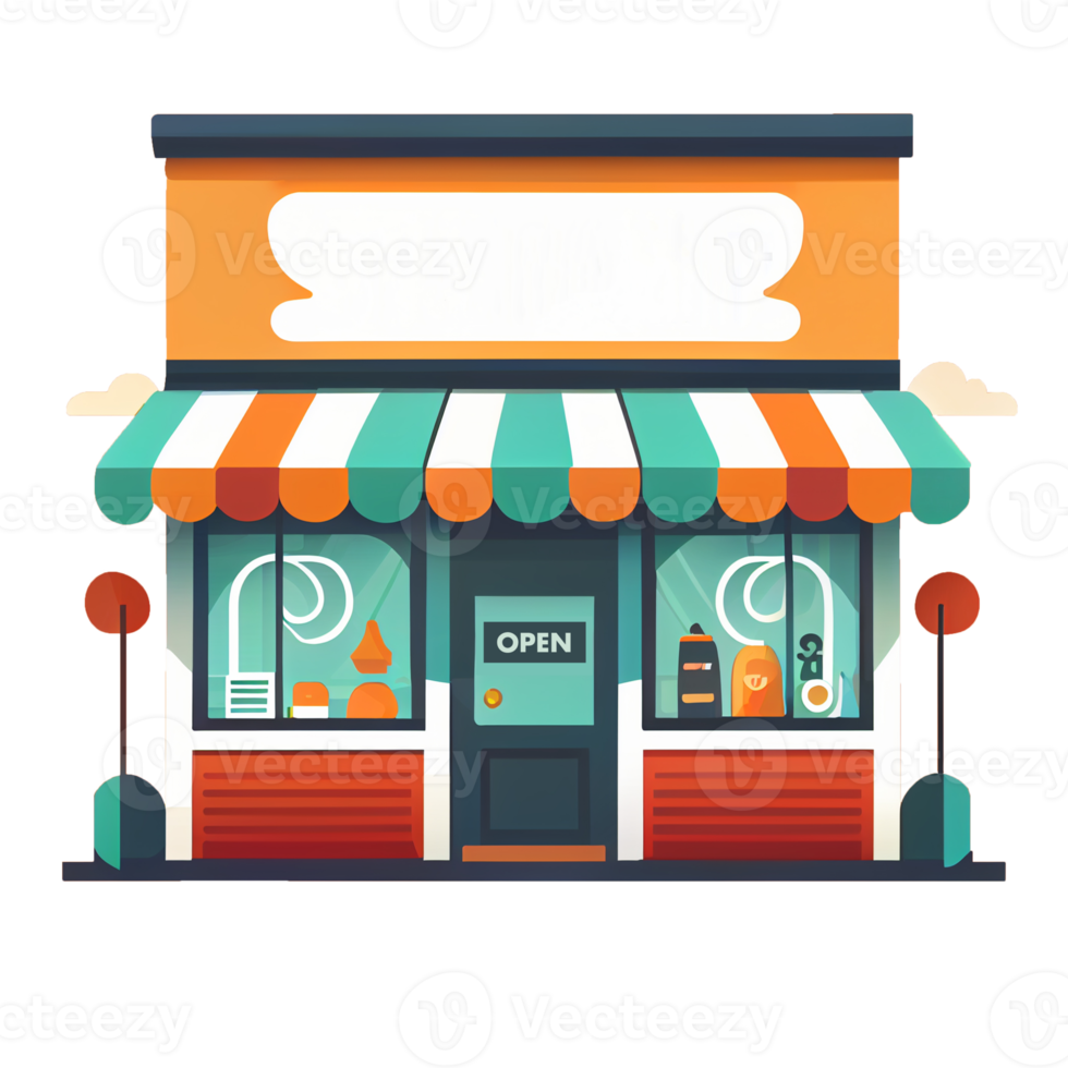 Flat cartoon style shop facade front view. Modern flat storefront or supermarket design. png