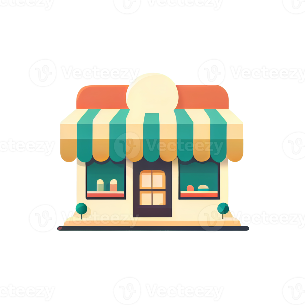 Flat cartoon style shop facade front view. Modern flat storefront or supermarket design. png