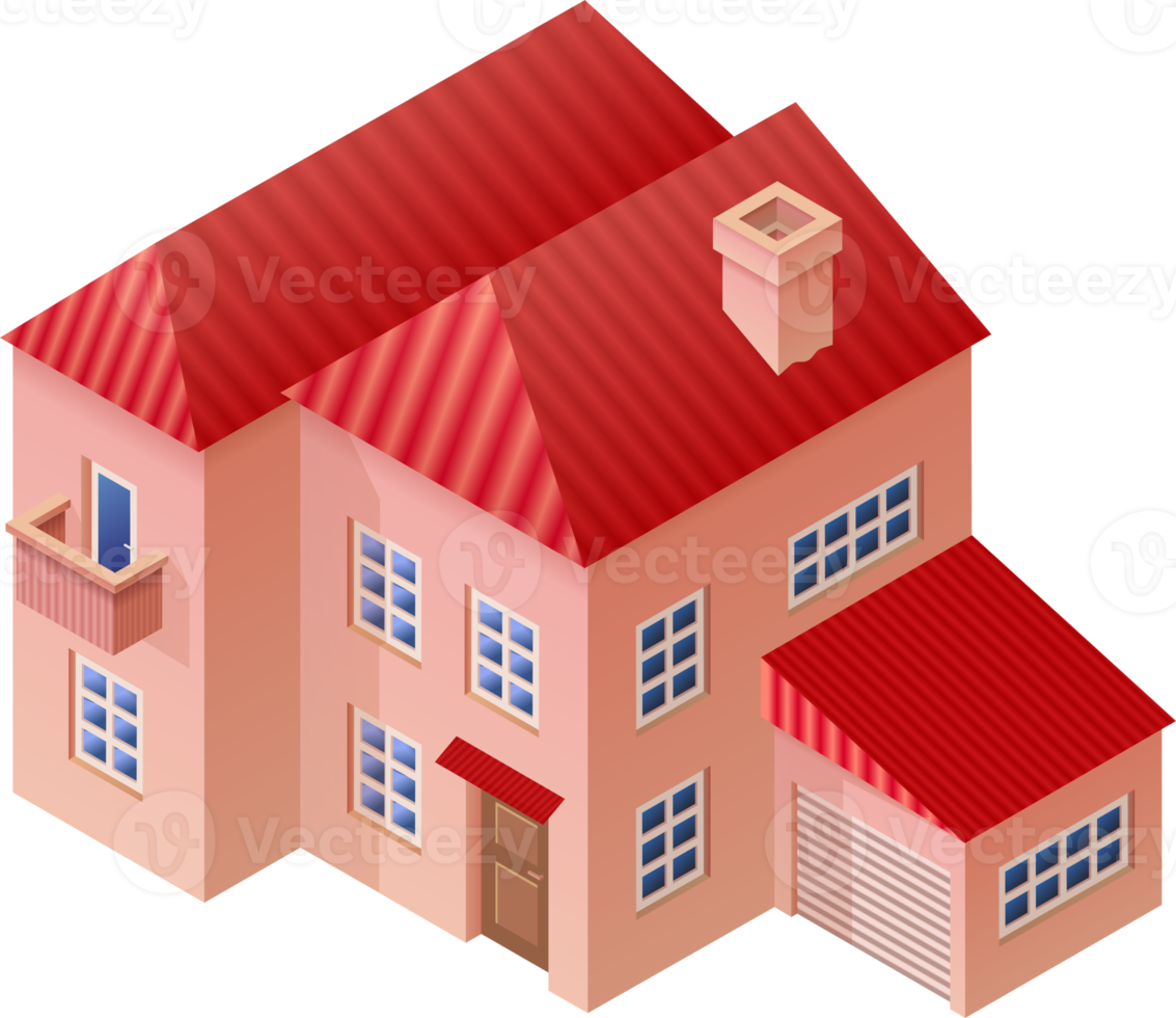 Isometric house illustration. 2 floor house 3D rendering. Mansion with red roof, balcony and garage. png