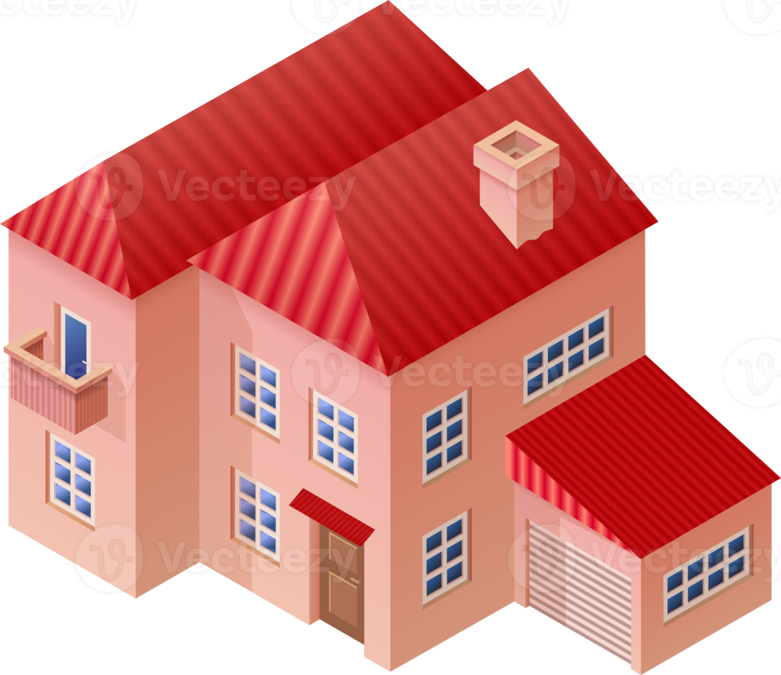 Isometric house illustration. 2 floor house 3D rendering. Mansion with red roof, balcony and garage. png