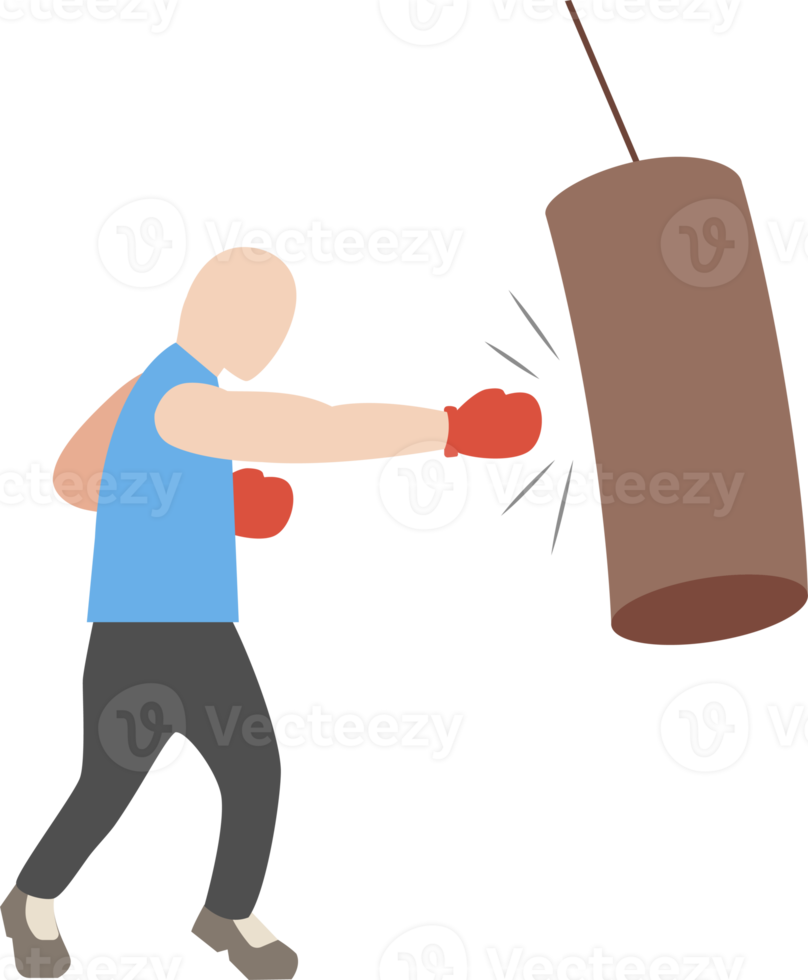Boxers at the training. Set of strong boxer punching with red gloves, flat illustration. PNG with transparent background.