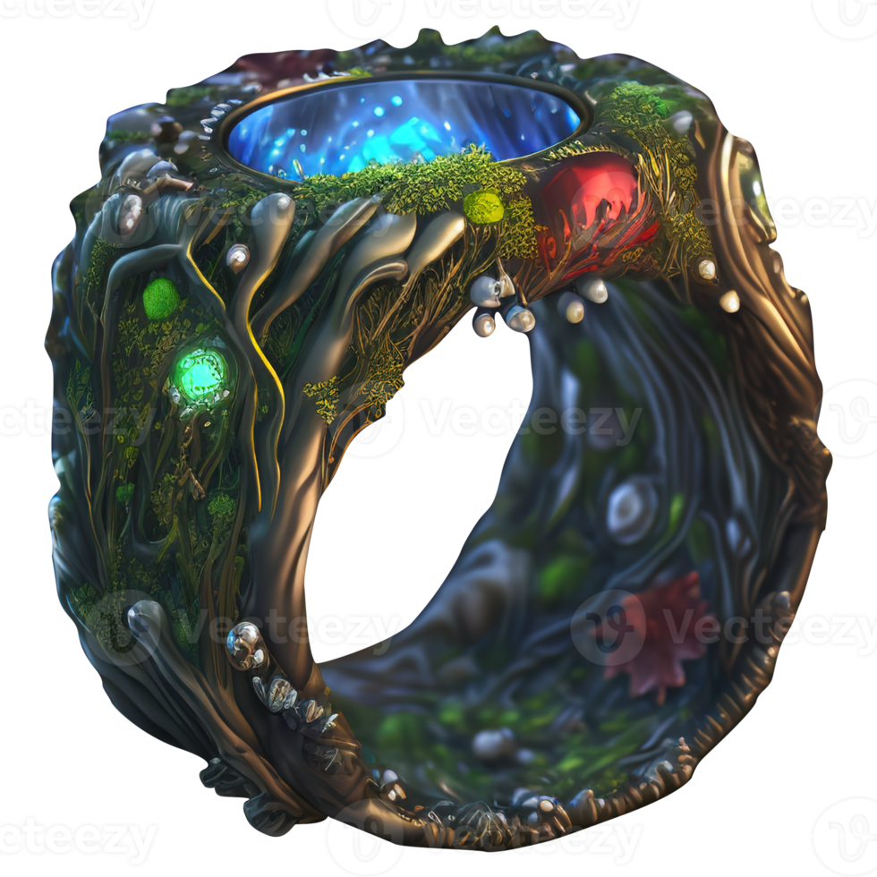 A magical ring created by nature, a combination of natural materials, roots, flowers and metal with precious stones. png