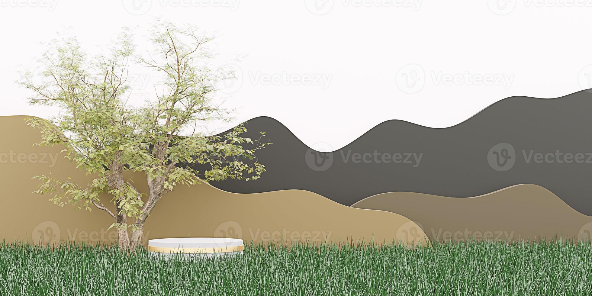 Product display podium meadows trees and mountains natural landscape 3D illustration photo