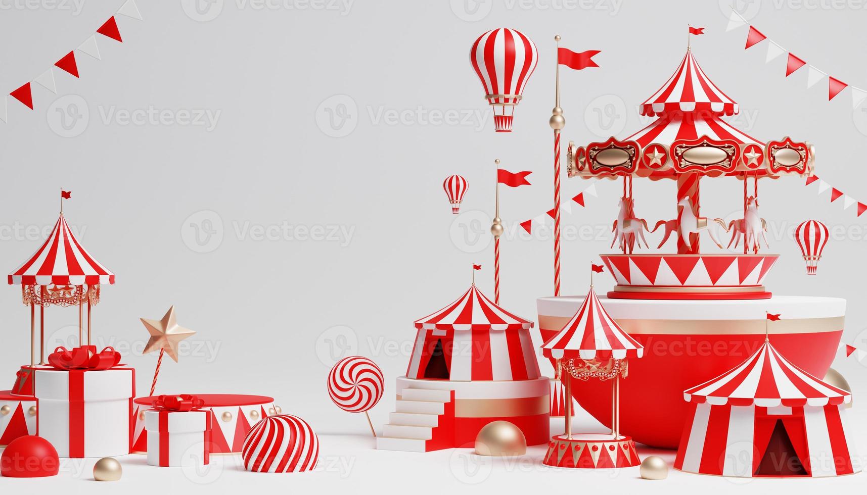 Podio de carnaval 3d con muchas atracciones y tiendas carpa de circo ilustración 3d foto