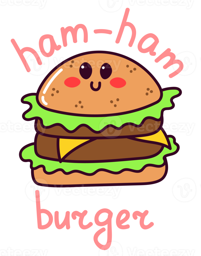 Cute burger sticker. Kawaii fast food. Doodle with text. Sticker with white  contour for planner, scrapbooking. Hand drawn colorful illustration  isolated on transparent background. 15133460 PNG