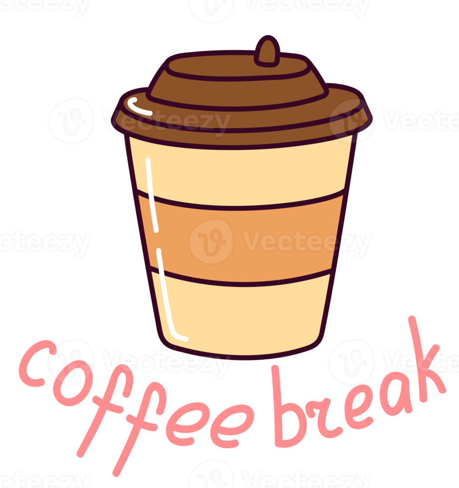 Coffee break sticker. Cute hot drink mug. Doodle with text. Sticker with white contour for planner, scrapbooking. Hand drawn colorful illustration isolated on transparent background. png